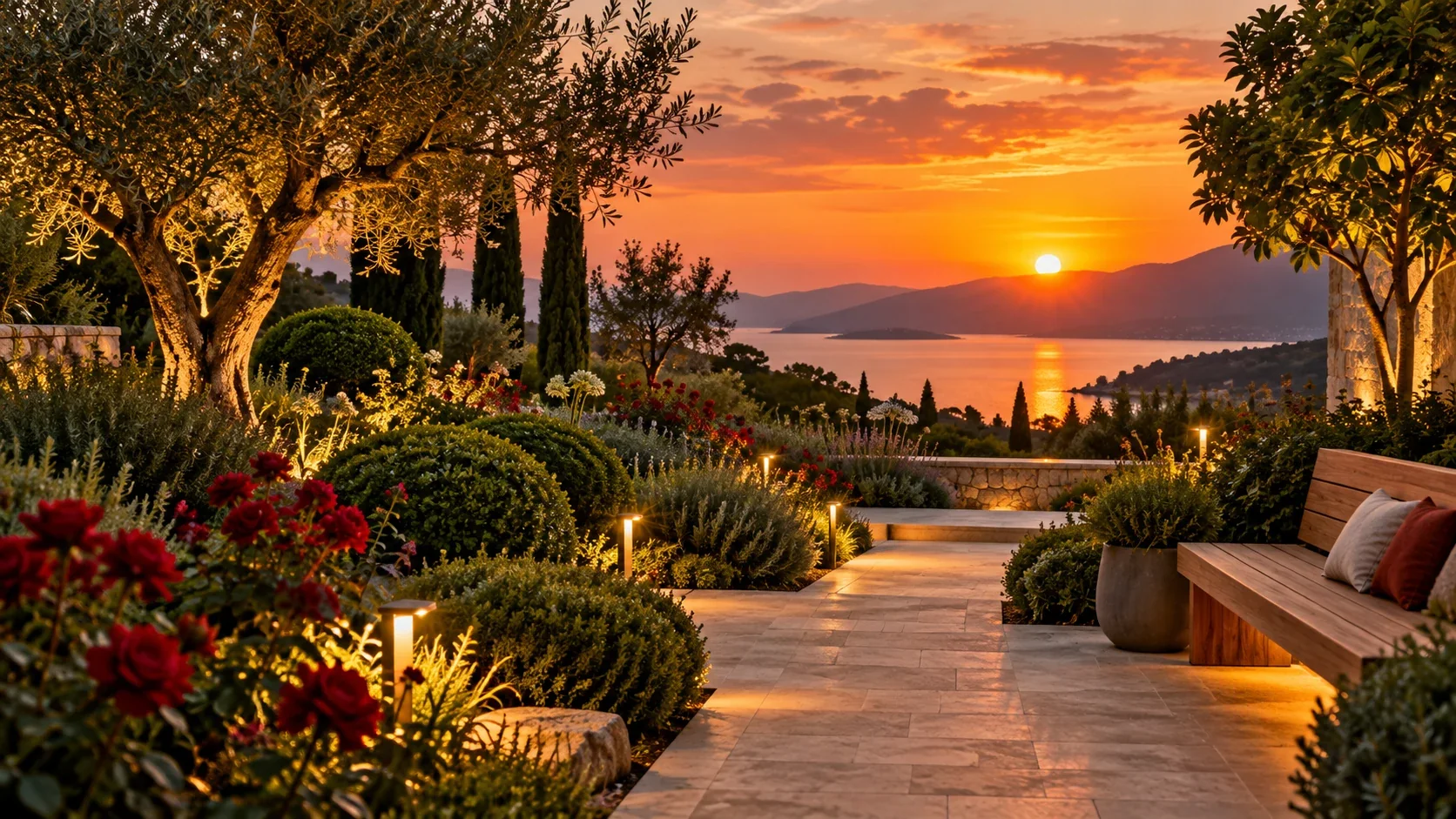 Abendlicht über dem See, Gartenleuchten glühen zwischen Lavendel und Rosen am Travertinweg.